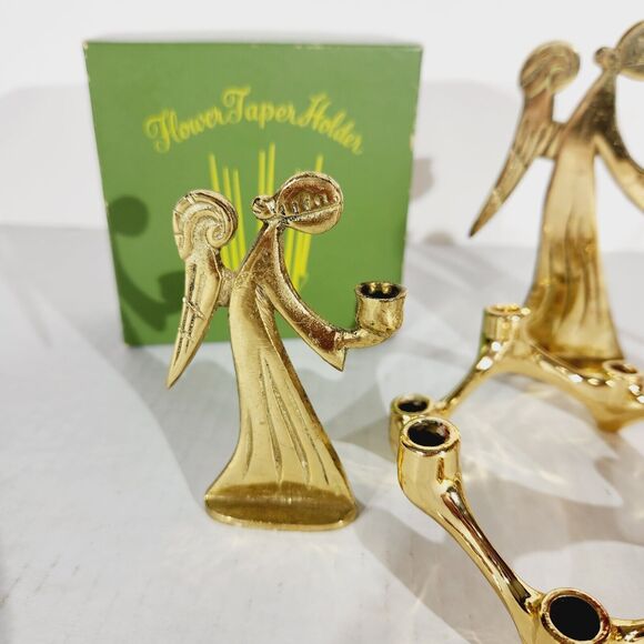 Vtg Brass Taper Candlestick Candle Holder Lot of Angels Flower MCM USA Hong Kong - Picture 4 of 15